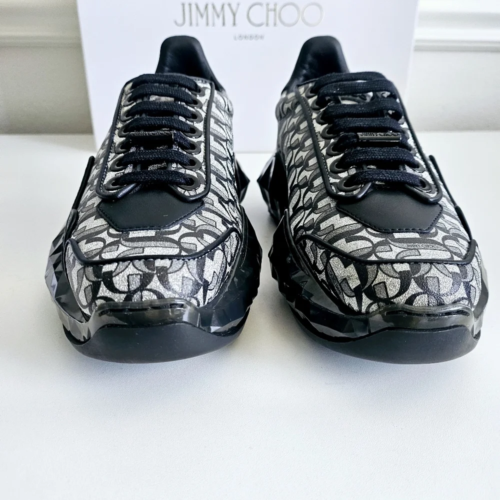 New With Tags Jimmy Choo Black Silver Diamond Calfskin Leather Sneakers